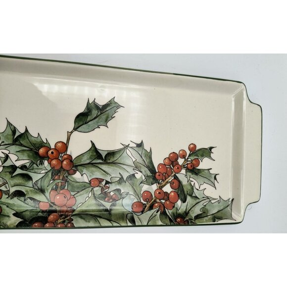 Le Houx Gien France Ceramic Sandwich Tray Holly Berry Design 15" X 6" Ivory & Gr - Picture 3 of 7
